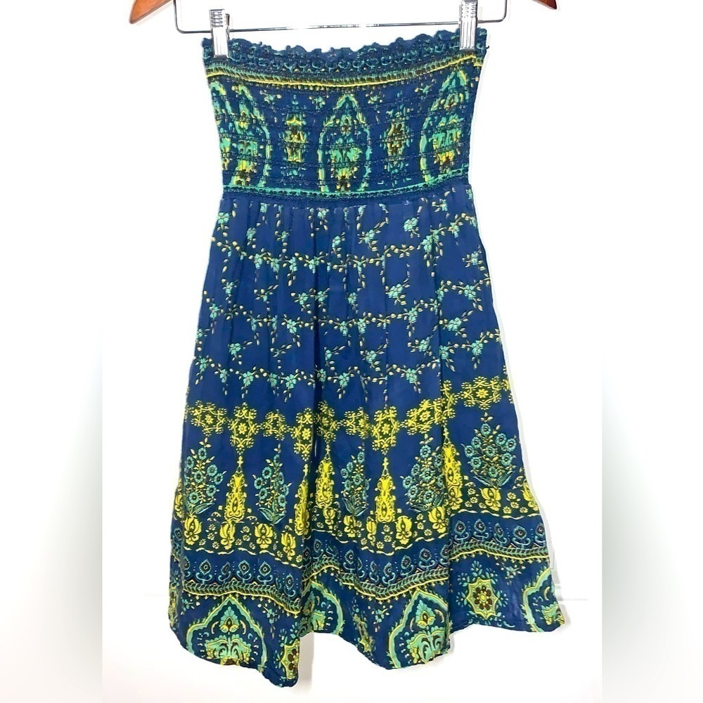 Raviya Strapless Mini Dress Blue with yellow floral print Size Small